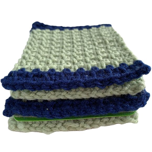 Mug Rugs Coasters Handmade Crochet Navy Blue Green Vinyl Back Set of 4 - Picture 6 of 11